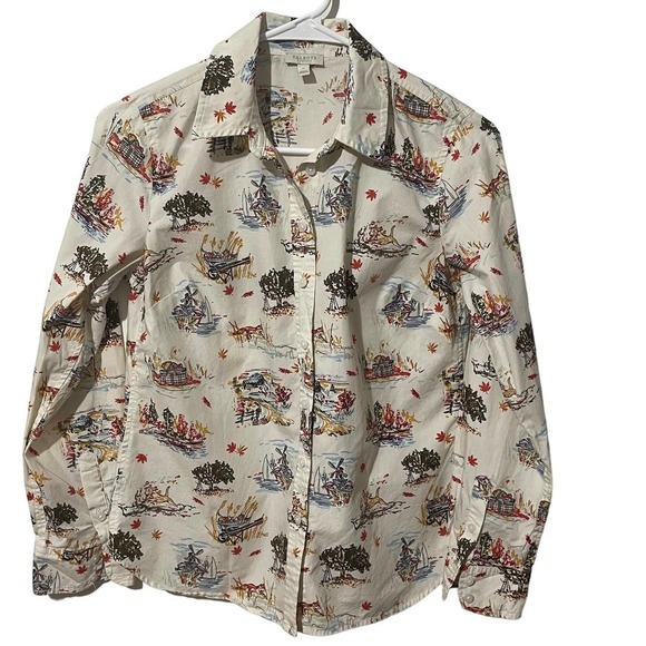 Talbots Novelty Fall Print 100% Cotton Button Down White Top - Picture 1 of 7